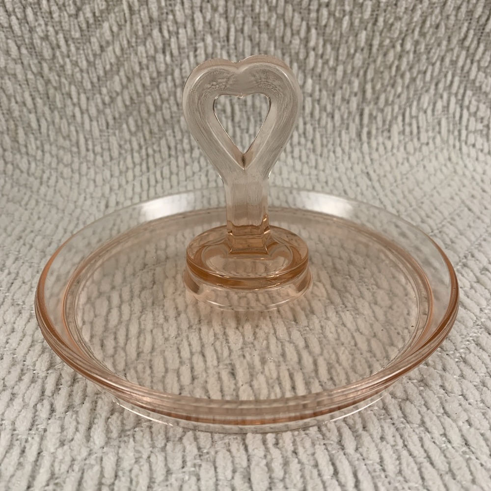 Pink Depression Glass‎ Heart Shaped Handle Candy Nut Tray Dish Trinket Jewelry